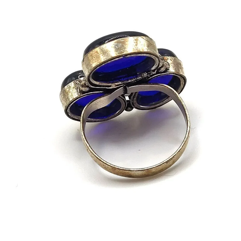 Bohemian Triple Stone Blue Glass Ring Size 9